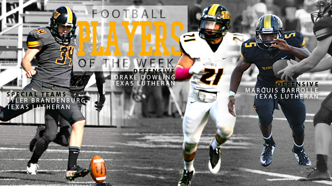 TLU's Barrolle, Dowling, and Bradenburg Sweep SCAC Football Player of the Week Honors