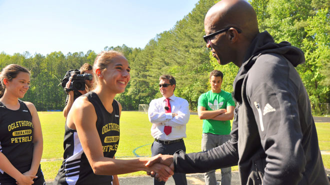UK&rsquo;s Sky Sports Films Edwin Moses with Oglethorpe Track Athletes